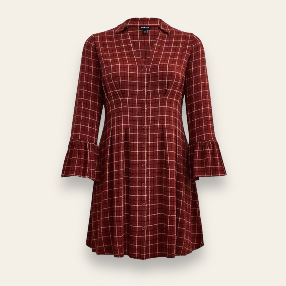 Torrid Plaid Bell Sleeve Pintucked Bell Sleeve  Collared Size 4 Dress